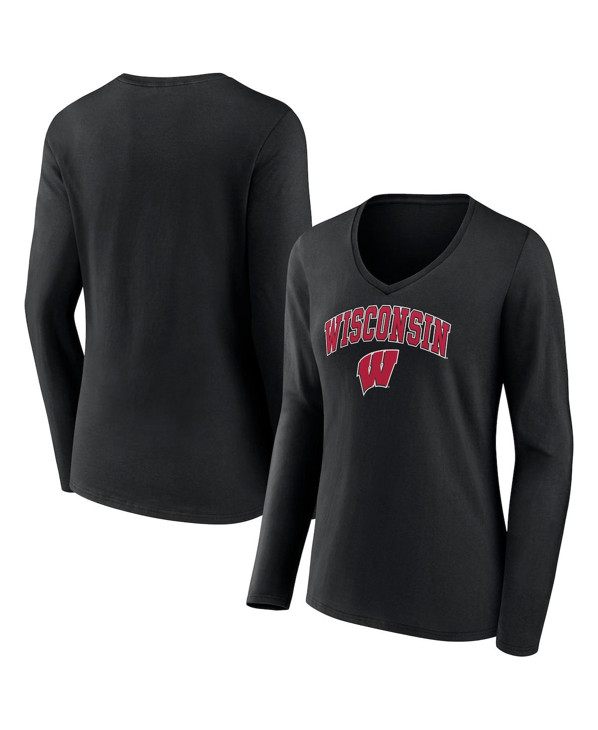 Fanatics Women's  Black Wisconsin Badgers Evergreen Campus Long Sleeve V-neck T-shirt