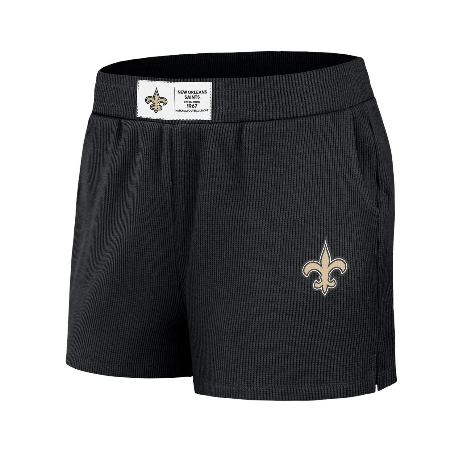 Women's Black Distressed New Orleans Saints Waffle Knit Long Sleeve T-shirt and Shorts Lounge Set