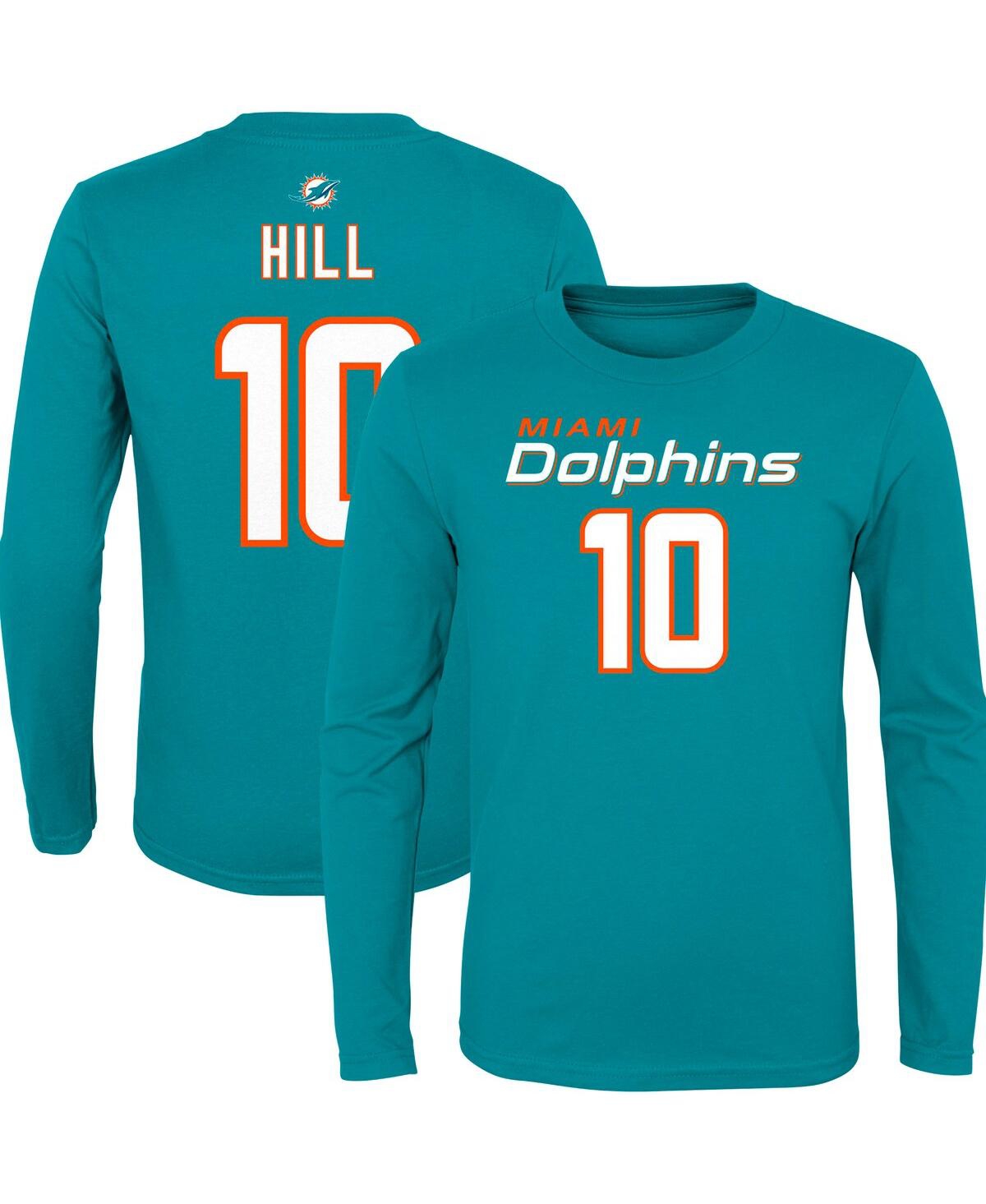 OUTERSTUFF BIG BOYS TYREEK HILL AQUA MIAMI DOLPHINS MAINLINER PLAYER NAME AND NUMBER LONG SLEEVE T-SHIRT
