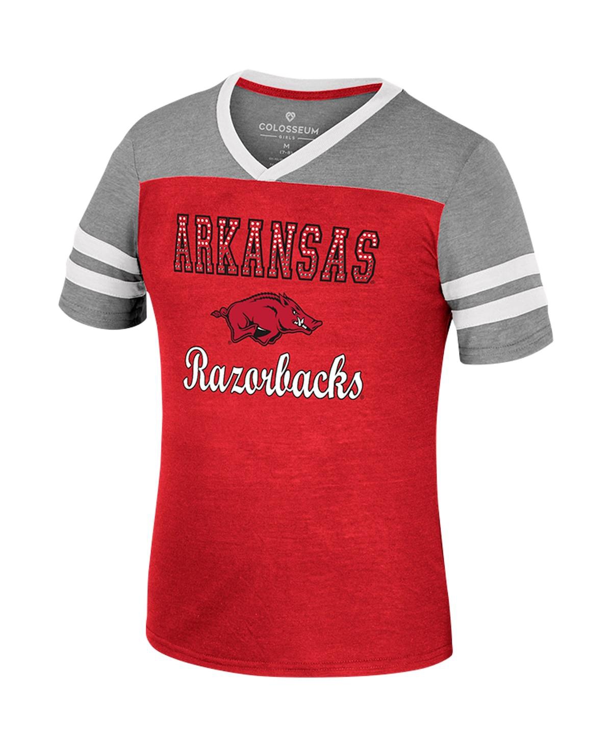 Shop Colosseum Big Girls  Cardinal, Heather Gray Arkansas Razorbacks Summer Striped V-neck T-shirt In Cardinal,heather Gray