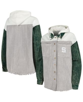 Women's Gray Distressed Michigan State Spartans Vintage-Like Wash Corduroy Full-Snap Hooded Shacket