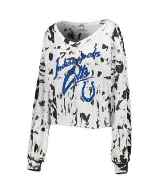Women's Threads Jonathan Taylor White Distressed Indianapolis Colts Off-Shoulder Tie-Dye Name and Number Cropped Long Sleeve V-Neck T-shirt