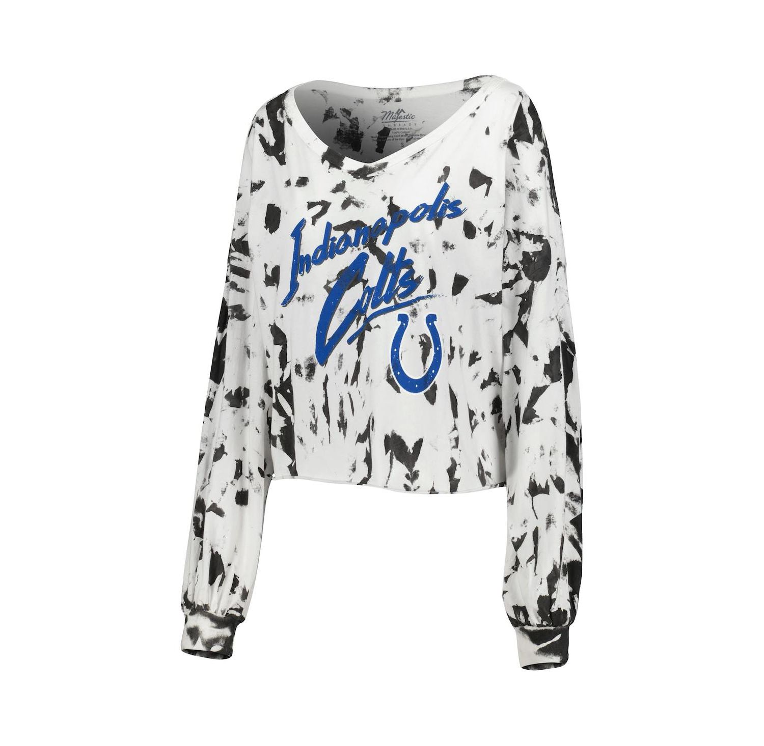 Women's Threads Jonathan Taylor White Distressed Indianapolis Colts Off-Shoulder Tie-Dye Name and Number Cropped Long Sleeve V-Neck T-shirt