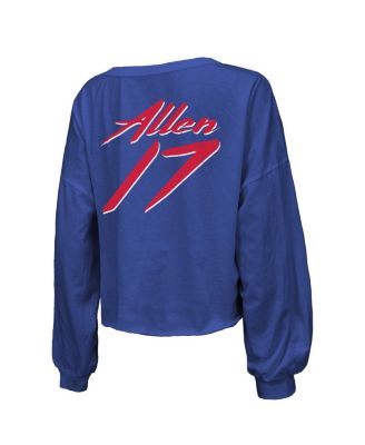 Women's Threads Josh Allen Royal Distressed Buffalo Bills Name and Number Off-Shoulder Script Cropped Long Sleeve V-Neck T-shirt
