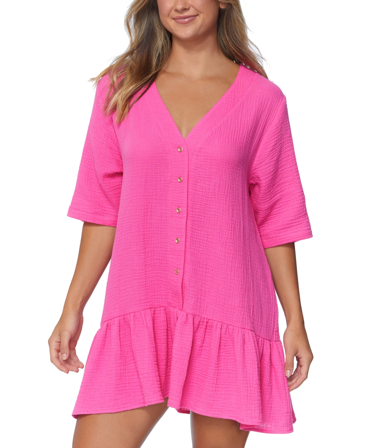 Shop Raisins Juniors' Sol Cotton Button-up Cover-up Dress In Pink