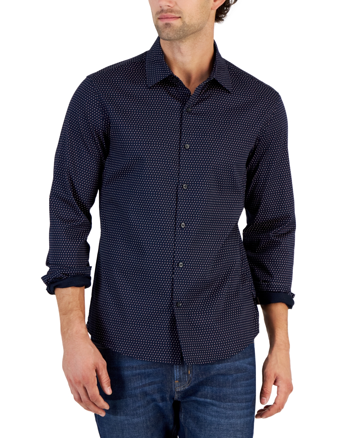 Michael Kors Men's Slim-fit Long Sleeve Micro-print Button-front Shirt In Midnight