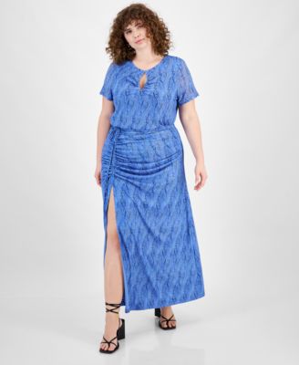Bar Iii Plus Size Printed Keyhole Mesh Top Ruched Slit Front Mesh Maxi Skirt Created For Macys In Wavy Dots