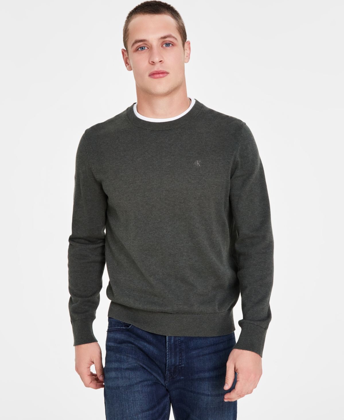 Calvin Klein Men's Smooth Cotton Monogram Logo Sweater In Gunmetal Heather