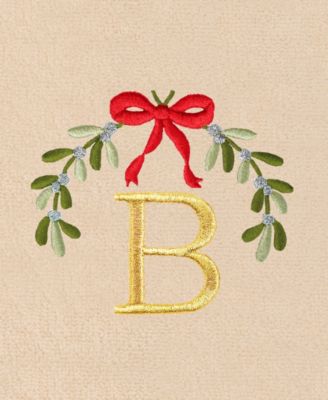 Christmas Mistletoe Monogram Beige Embroidered Luxury Turkish Cotton Hand Towels, 2 Piece Set
