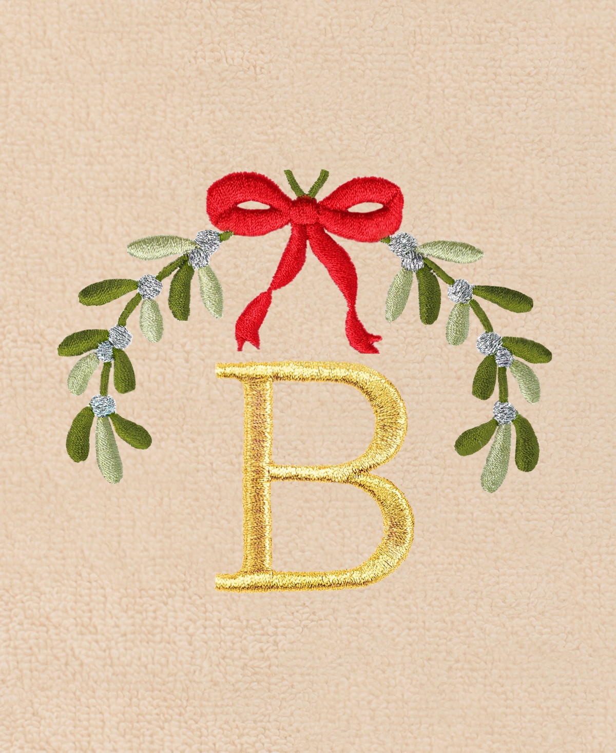 Linum Home Christmas Mistletoe Monogram Beige Embroidered Luxury Turkish Cotton Towels, 2 Piece - B