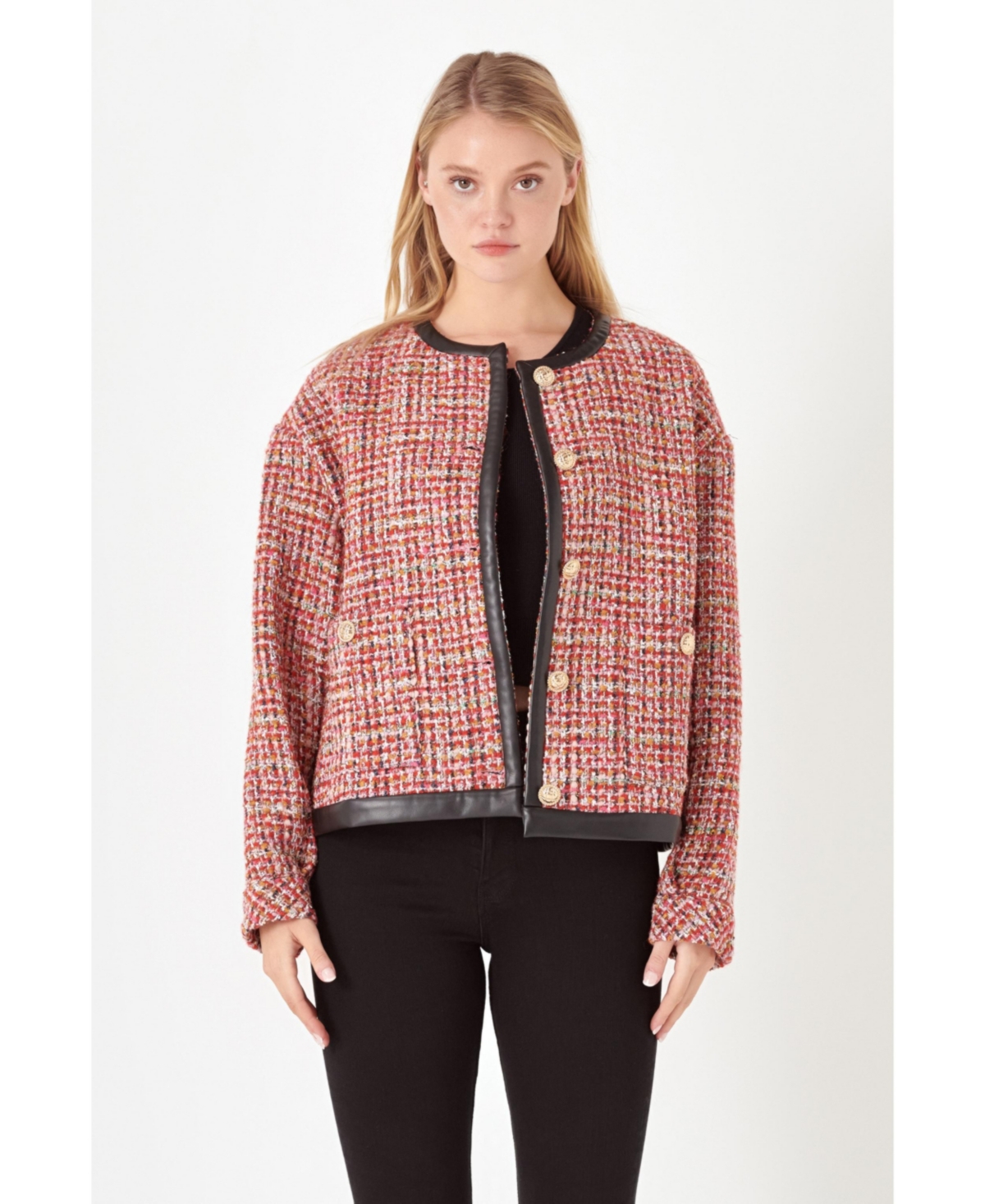 English Factory Women's Faux Leather Trim Tweed Jacket In Multi