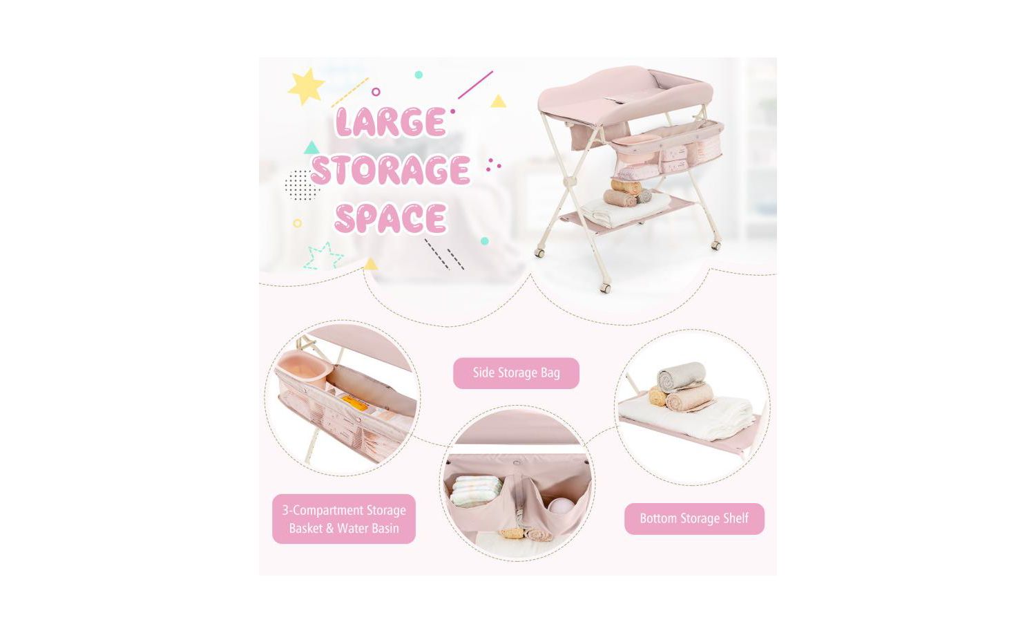 Portable Baby Changing Table with Water Basin and Rolling Wheels for Nursery