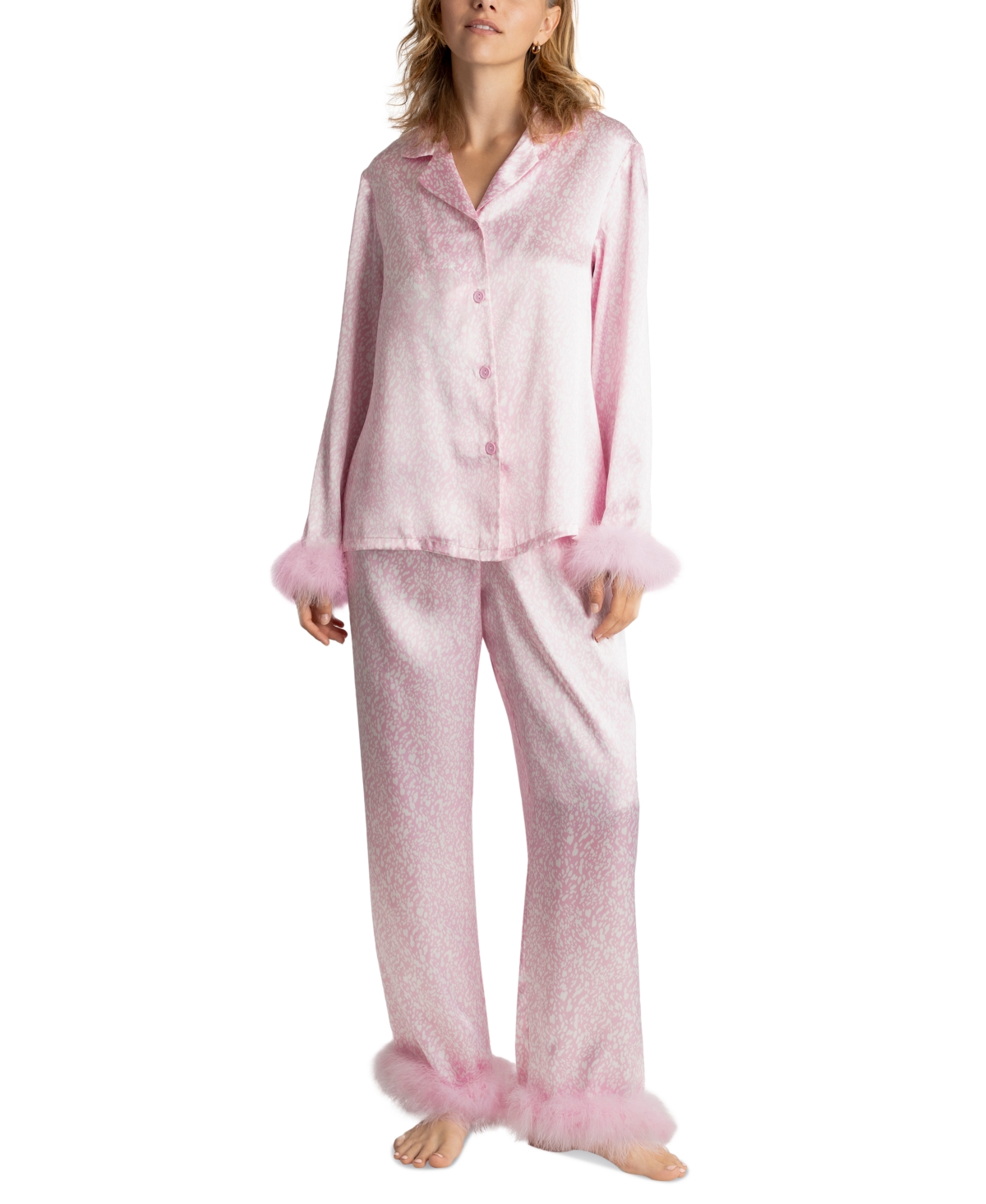 Women's Marabou Feather Satin Pajama Set - Ruby