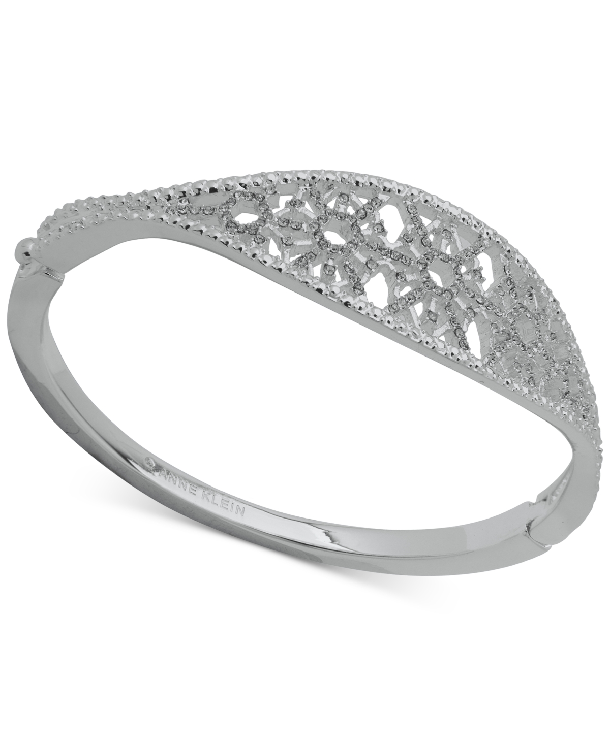 Anne Klein Silver-tone Pave Oval Openwork Bangle Bracelet In Crystal
