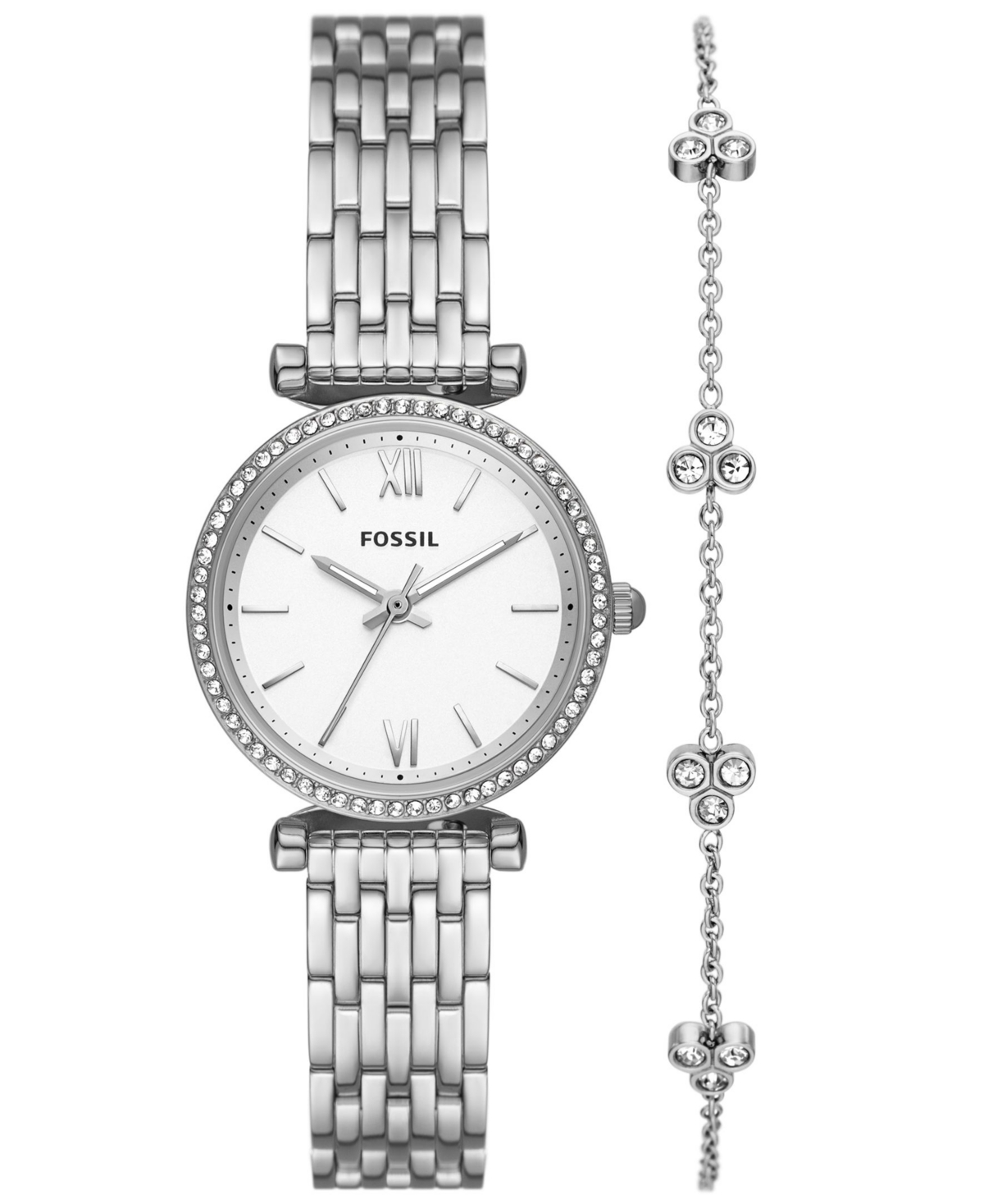 Fossil Womens Carlie Three-Hand Silver-Tone Stainless Steel Watch 28mm and Bracelet Box Gift Set - Silver-Tone