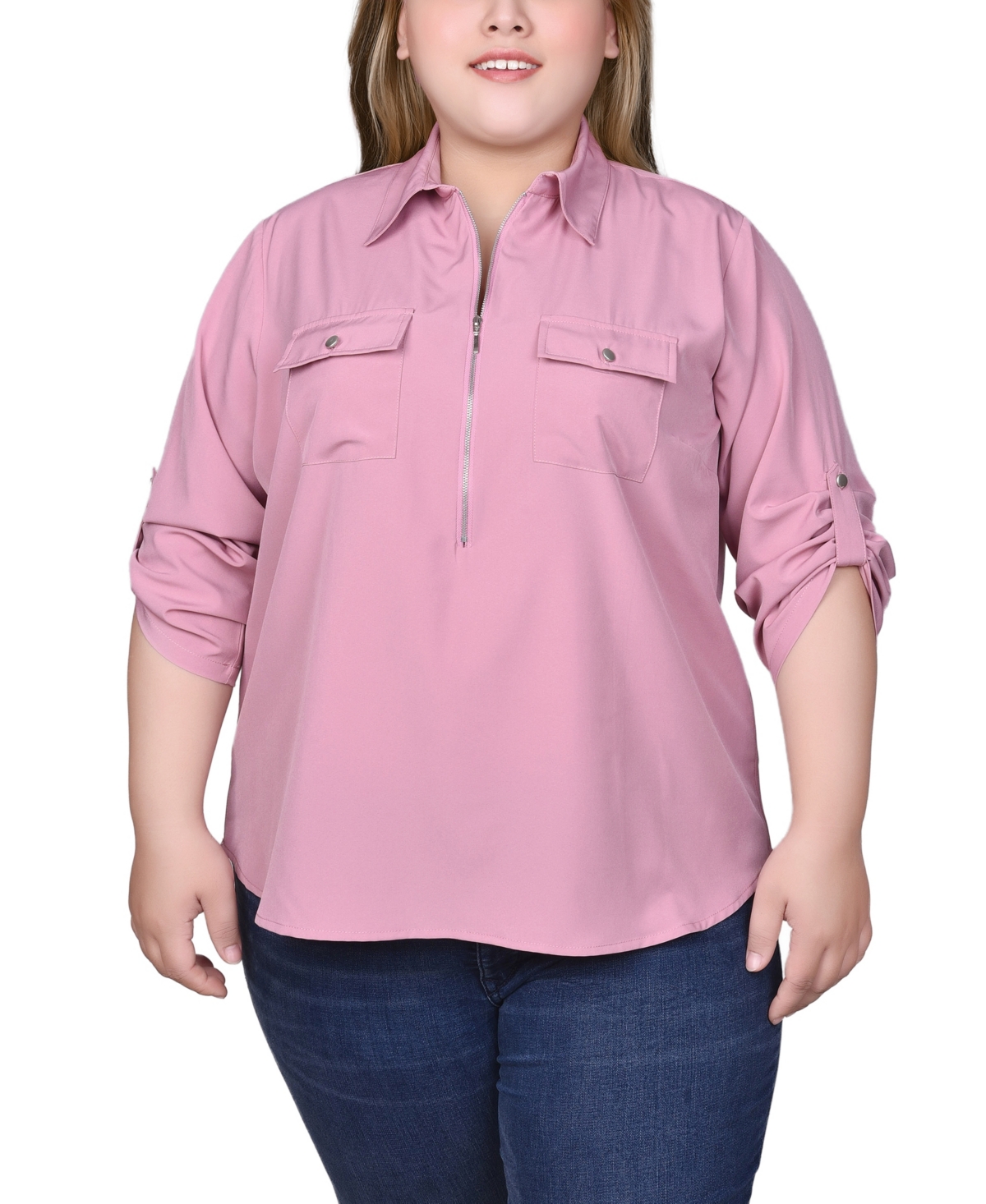 Plus Size 3/4 Roll Tab Sleeve Zip Front Top - Lilas
