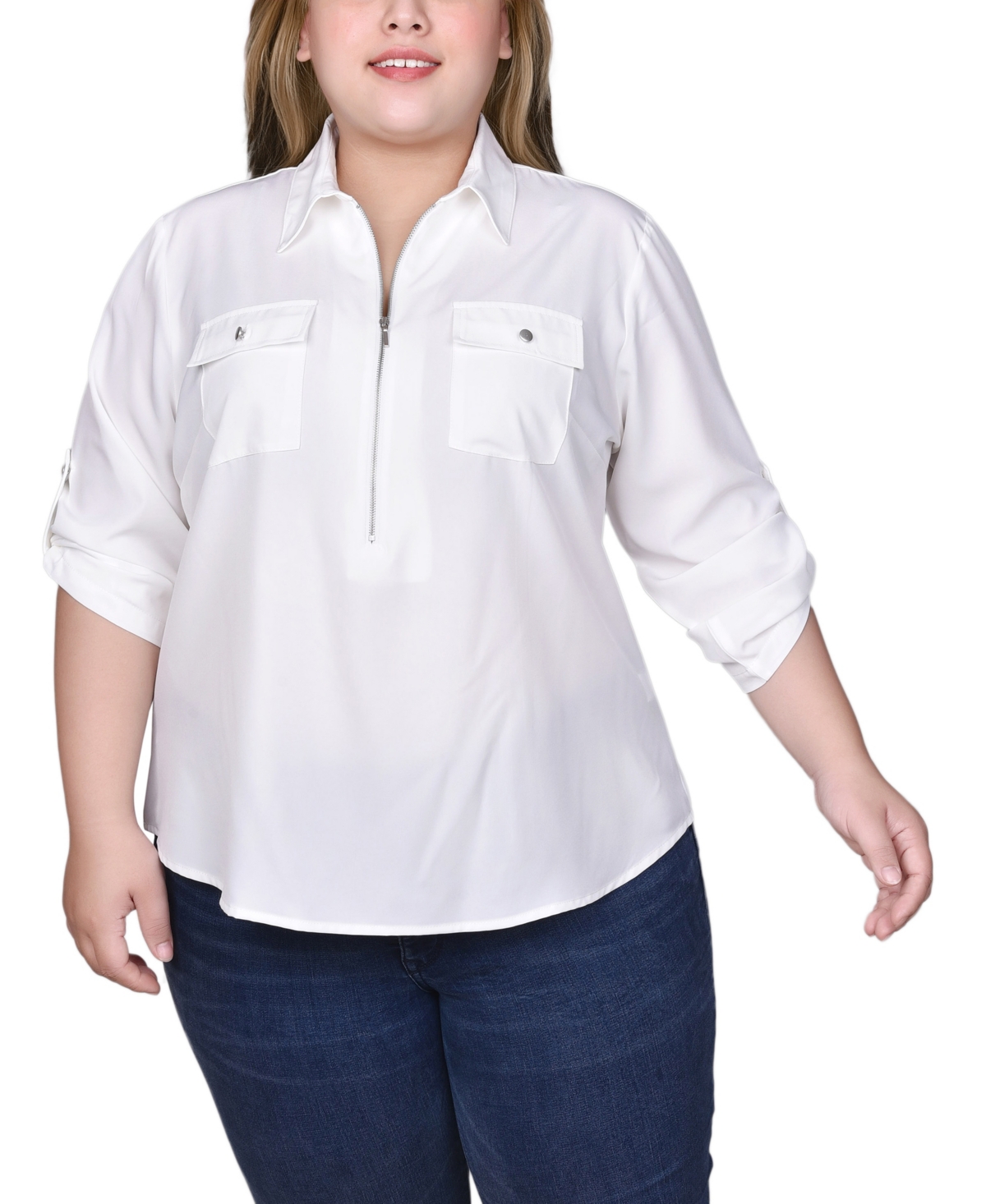 Ny Collection Plus Size 3/4 Roll Tab Sleeve Zip Front Top In White