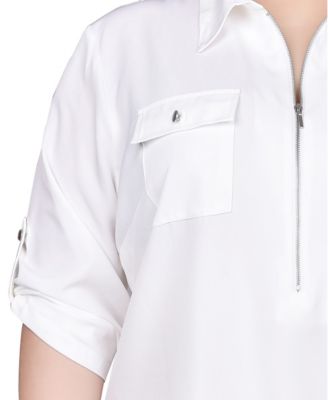 Plus Size 3/4 Roll Tab Sleeve Zip Front Top