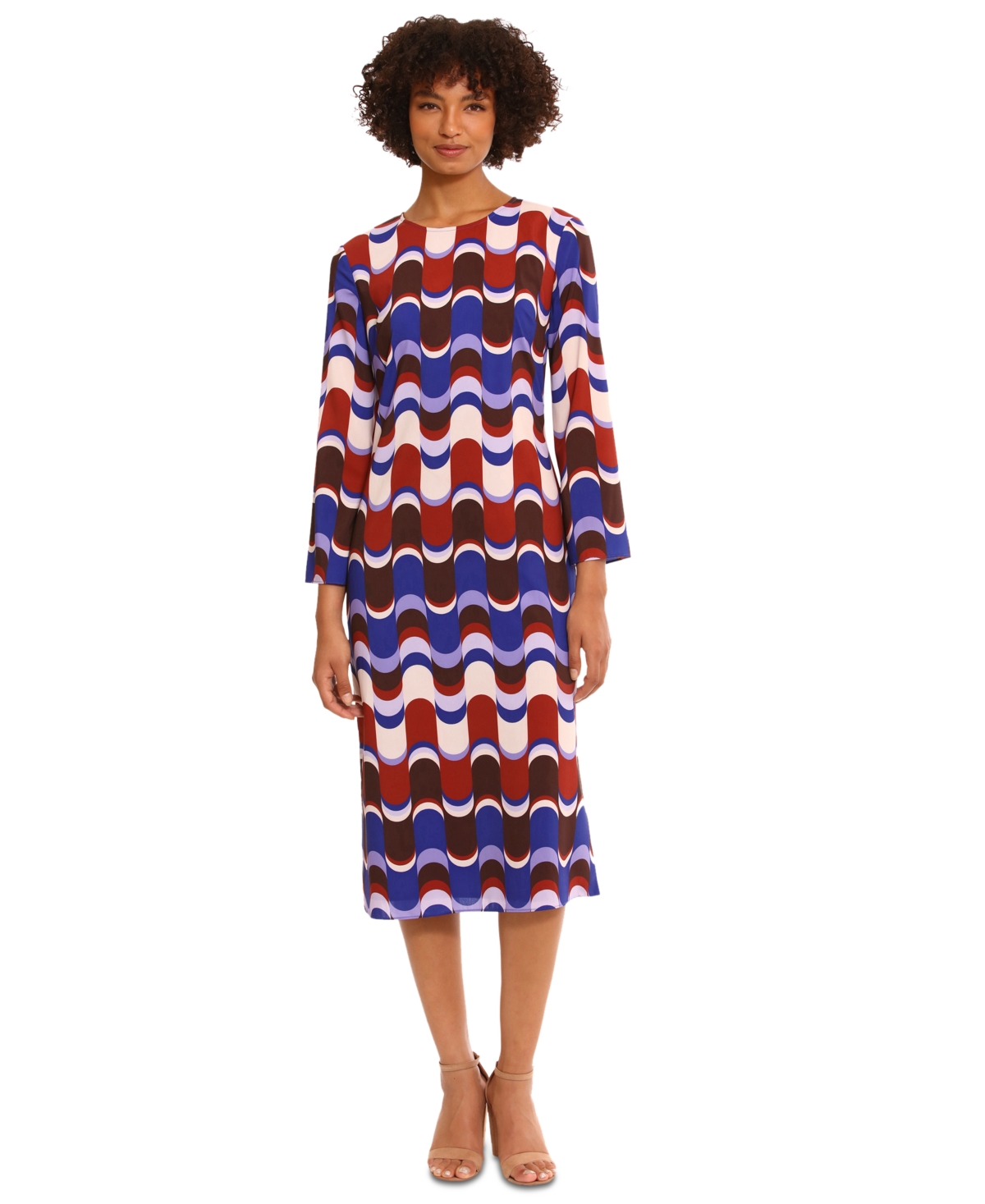 Women's Printed Long-Sleeve Midi Dress - Beige/brown