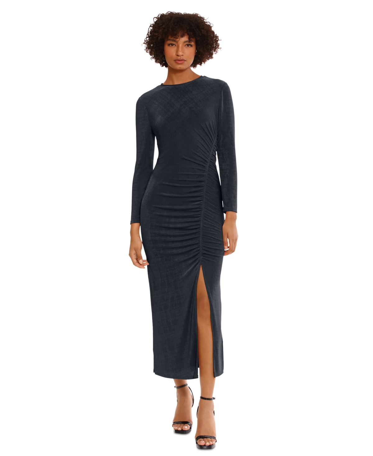 Women's Ruched Long-Sleeve Midi Dress - Black Beauty