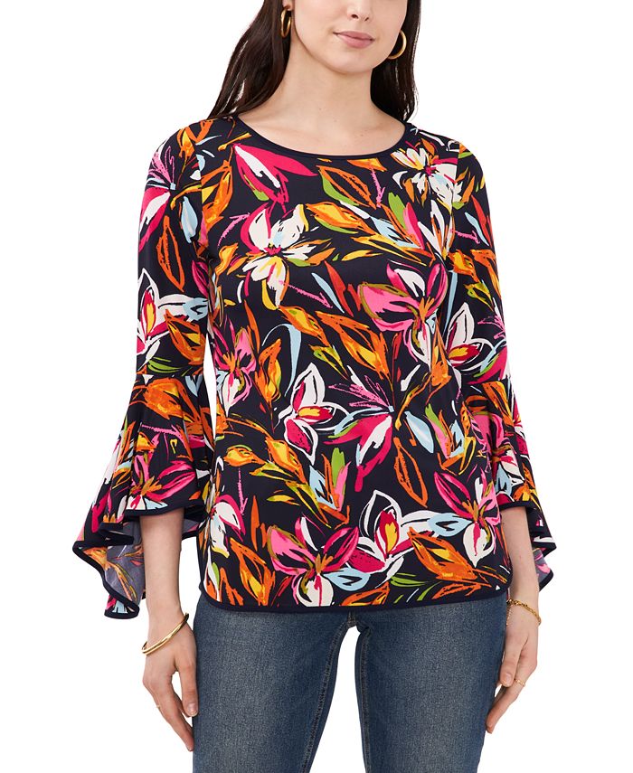 Sam & Jess Petite Floral-Print Bell-Sleeve Piped Top - Macy's
