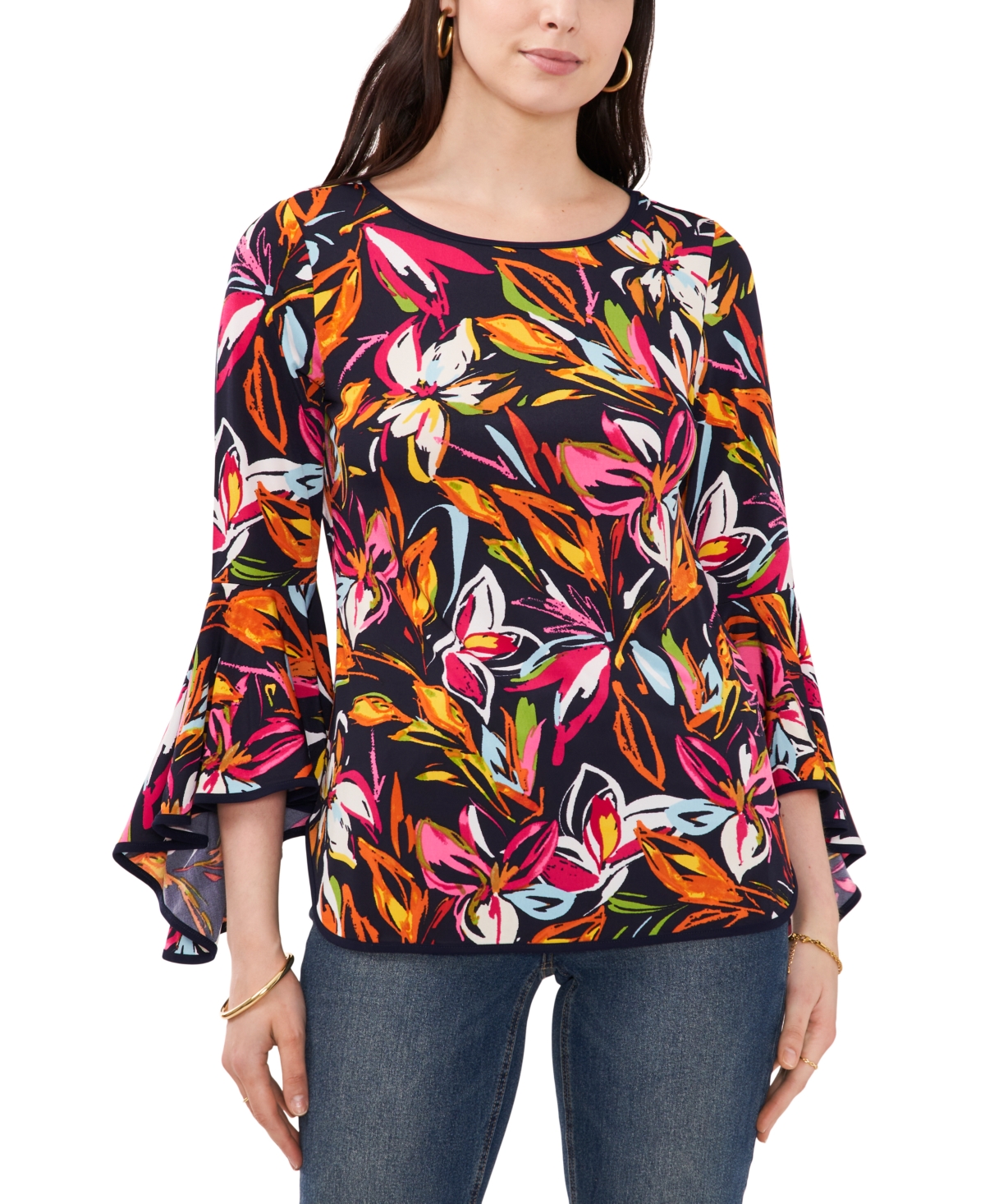 Sam & Jess Petite Floral-print Bell-sleeve Piped Top In Multi Floral