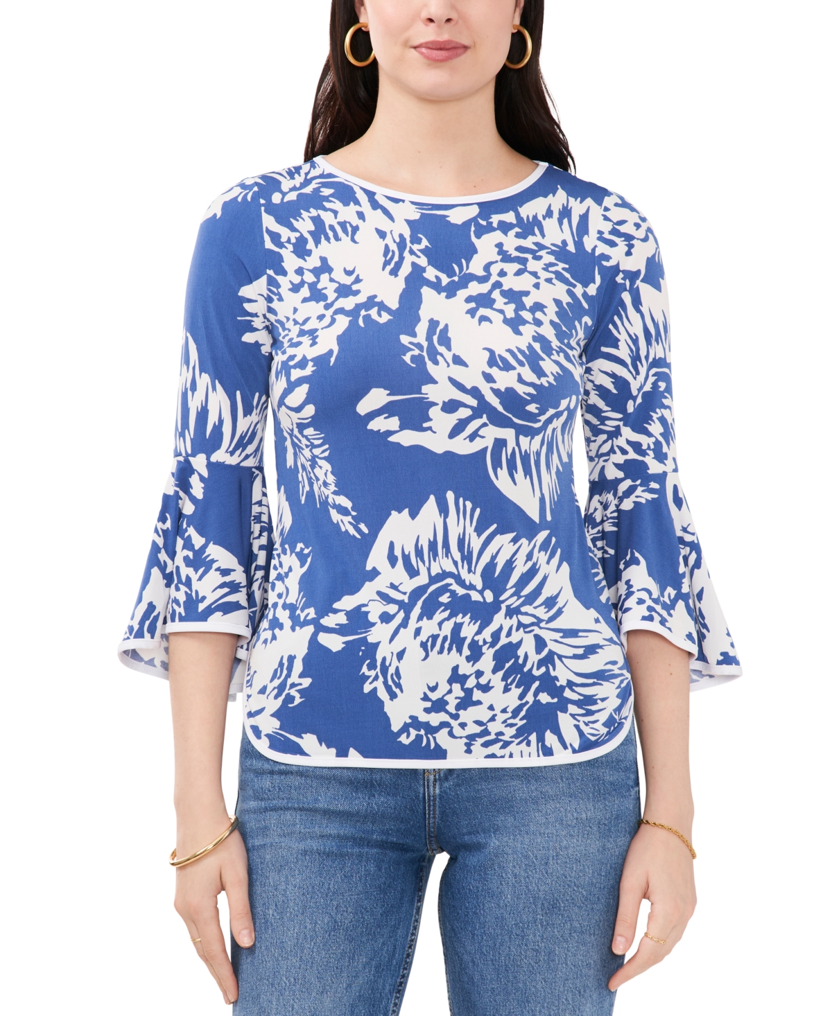 Sam & Jess Petite Floral-print Bell-sleeve Piped Top In Periwinkle Blue