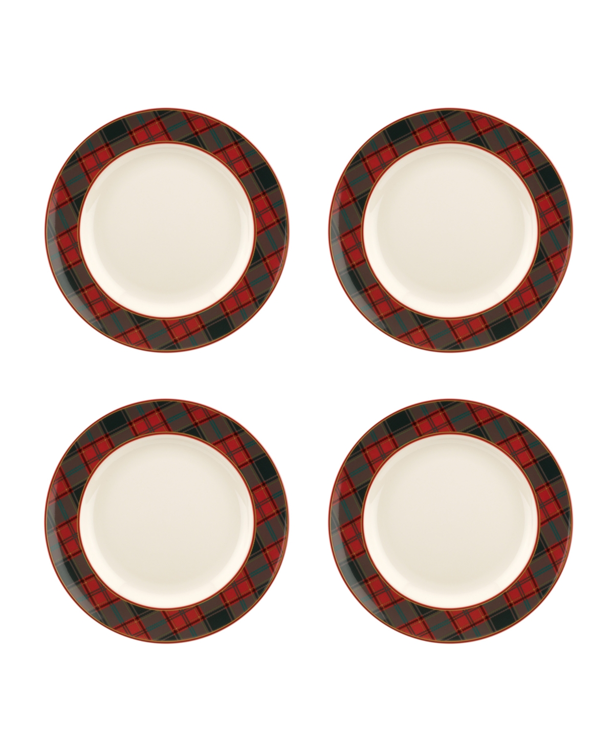 Christmas Tree Tartan Dinner Plate, Set of 4 - White Body With Multi Color Patterned De