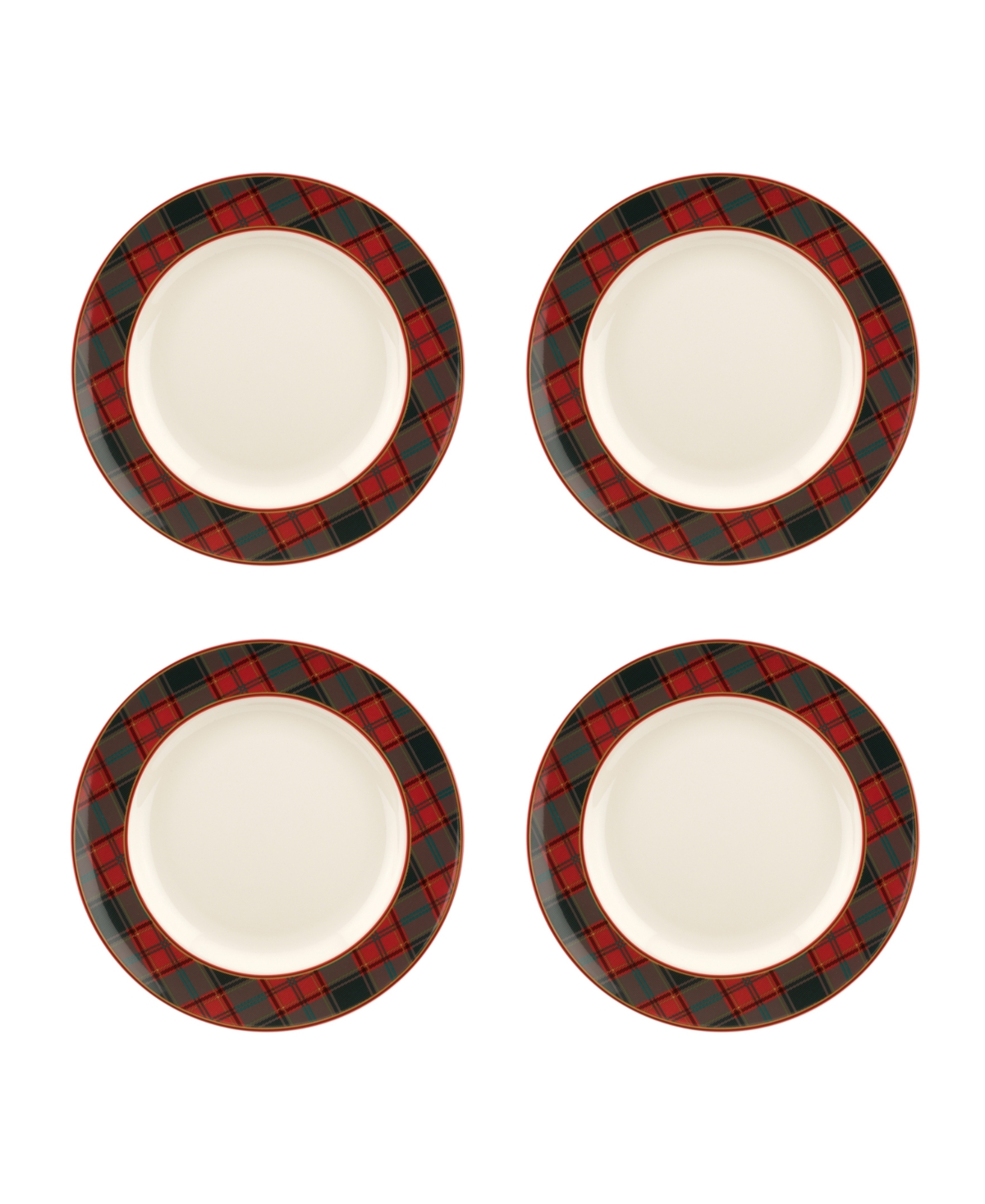 Christmas Tree Tartan Dinner Plate, Set of 4 - White Body With Multi Color Patterned De