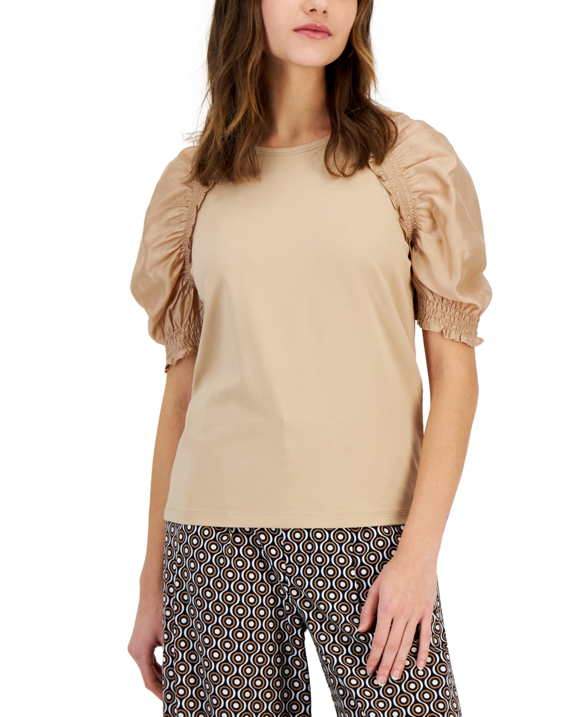 Tommy Hilfiger Women's Mixed-media Smocked-sleeve Top In Sand