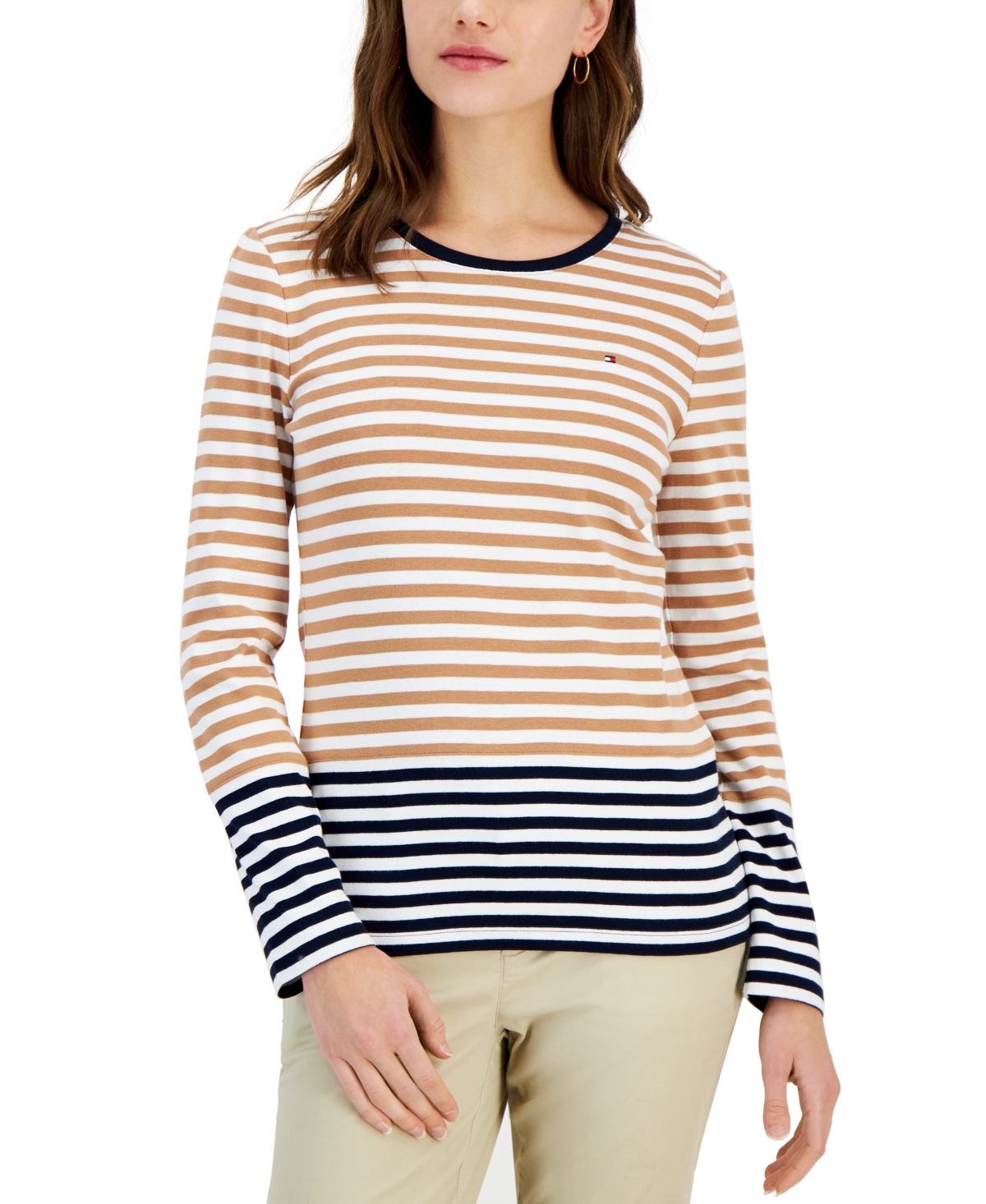 Tommy Hilfiger Women's Cotton Colorblocked Striped Top In Brown Sugar,bright White