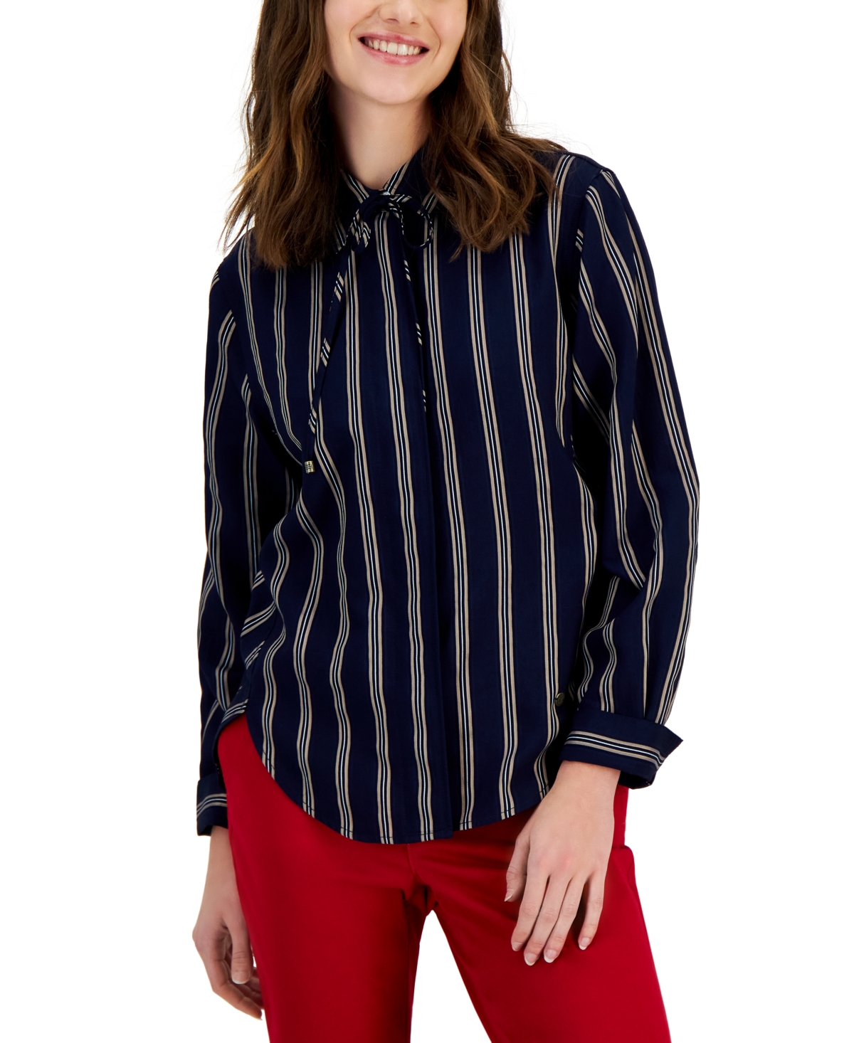 Tommy Hilfiger Women's Collared Dobby Striped Shirt In Sky Captain Multi
