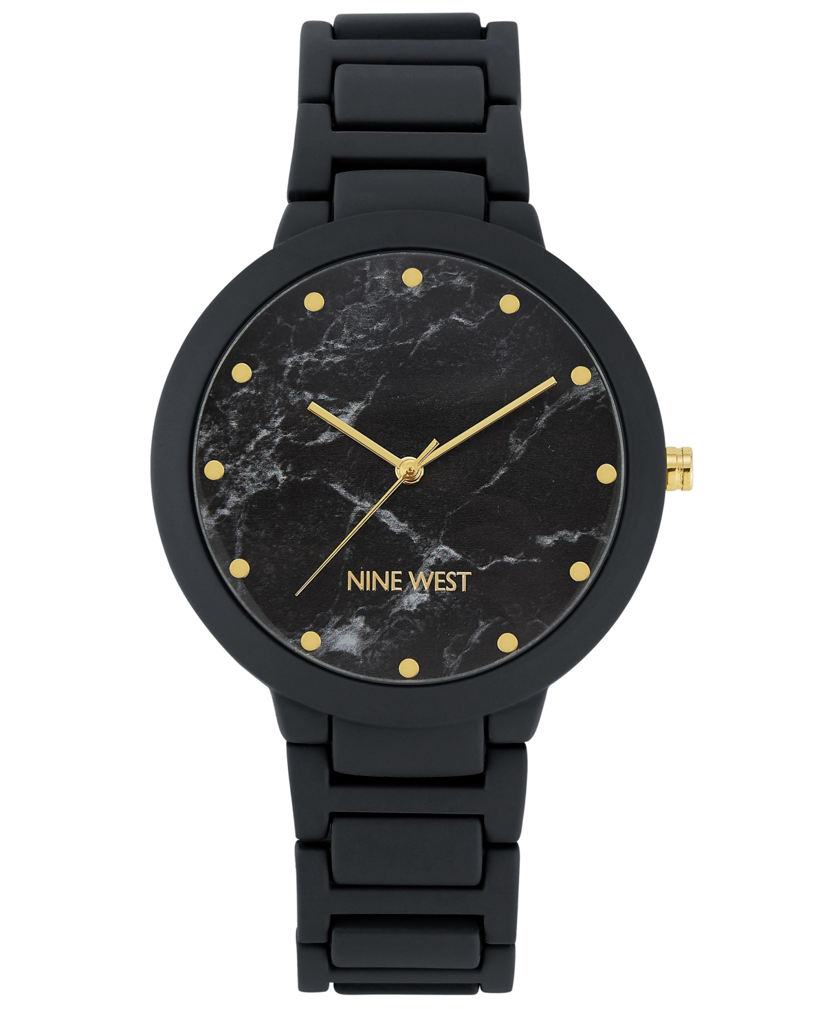 Nine West Women's Quartz Black Rubberized Alloy Link Bracelet Watch, 40.5mm In Black,gold-tone