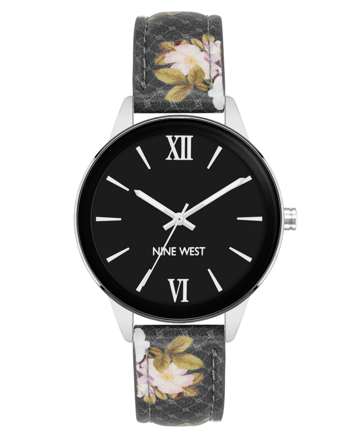 Nine West Women's Quartz Black Floral Pattern Faux Leather Band Watch, 36mm In Black,silver-tone