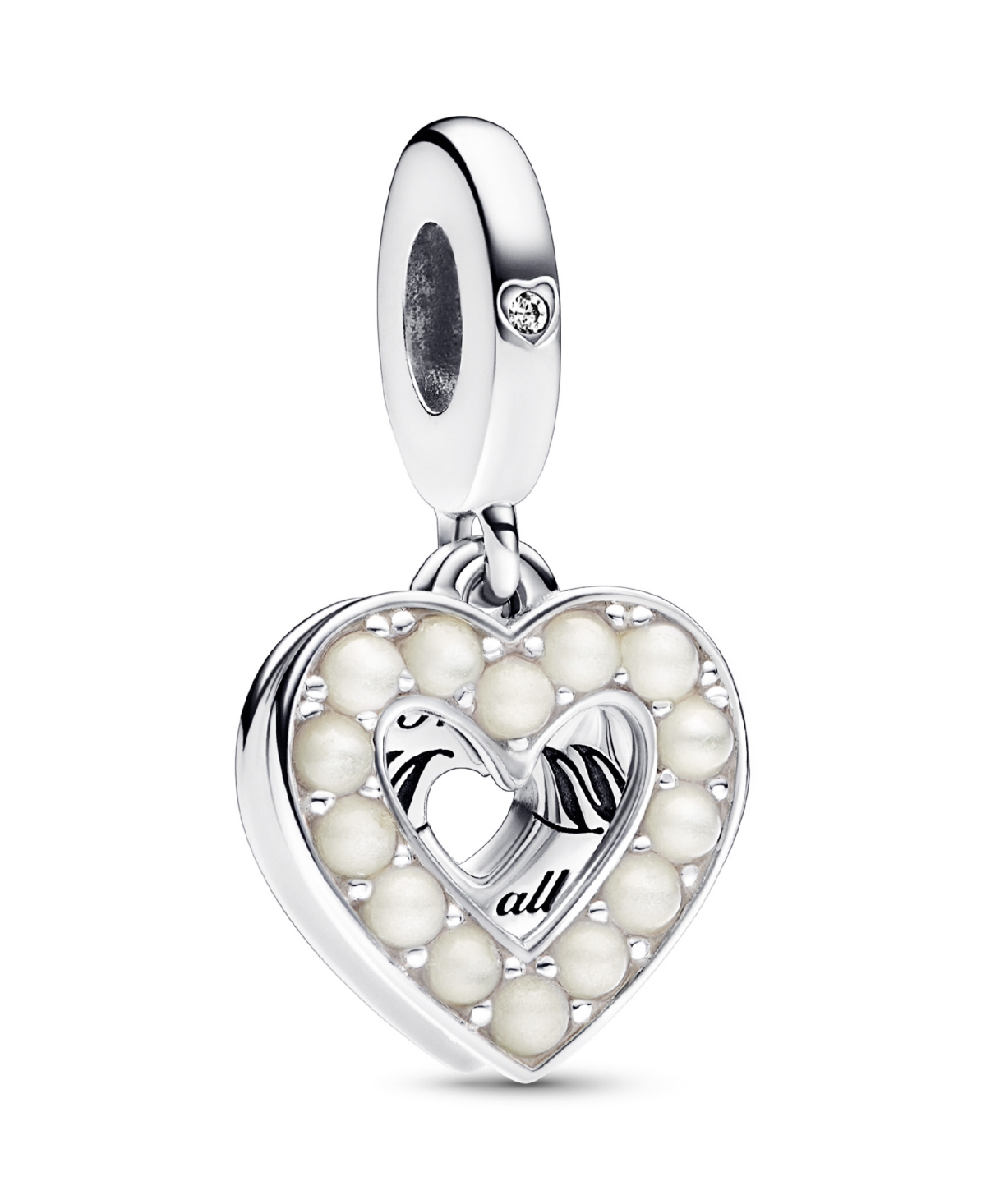 Mixed Stone Pearlescent White Heart Double Dangle Charm - White