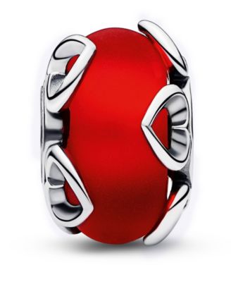 Sterling Silver Frosted Red Murano Glass Hearts Charm