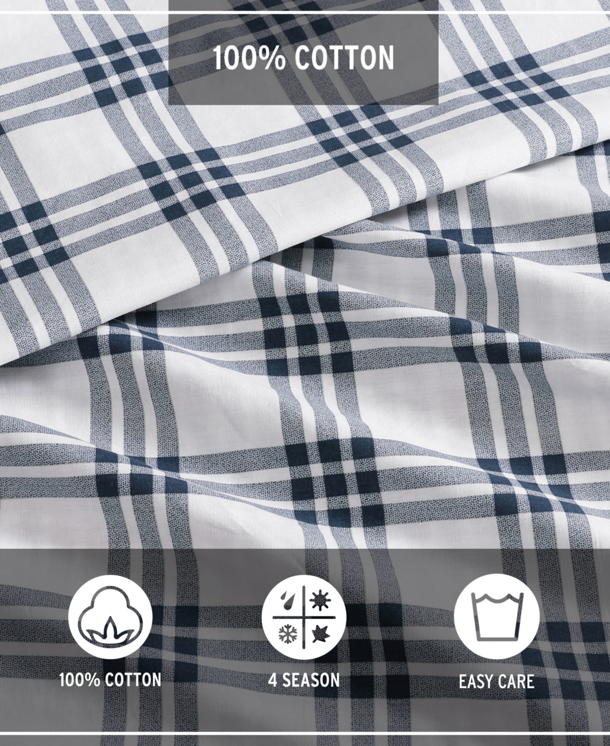 Eddie Bauer Basic Plaid Cotton Percale 3 Piece Duvet Cover Set, King In Dusted Indigo