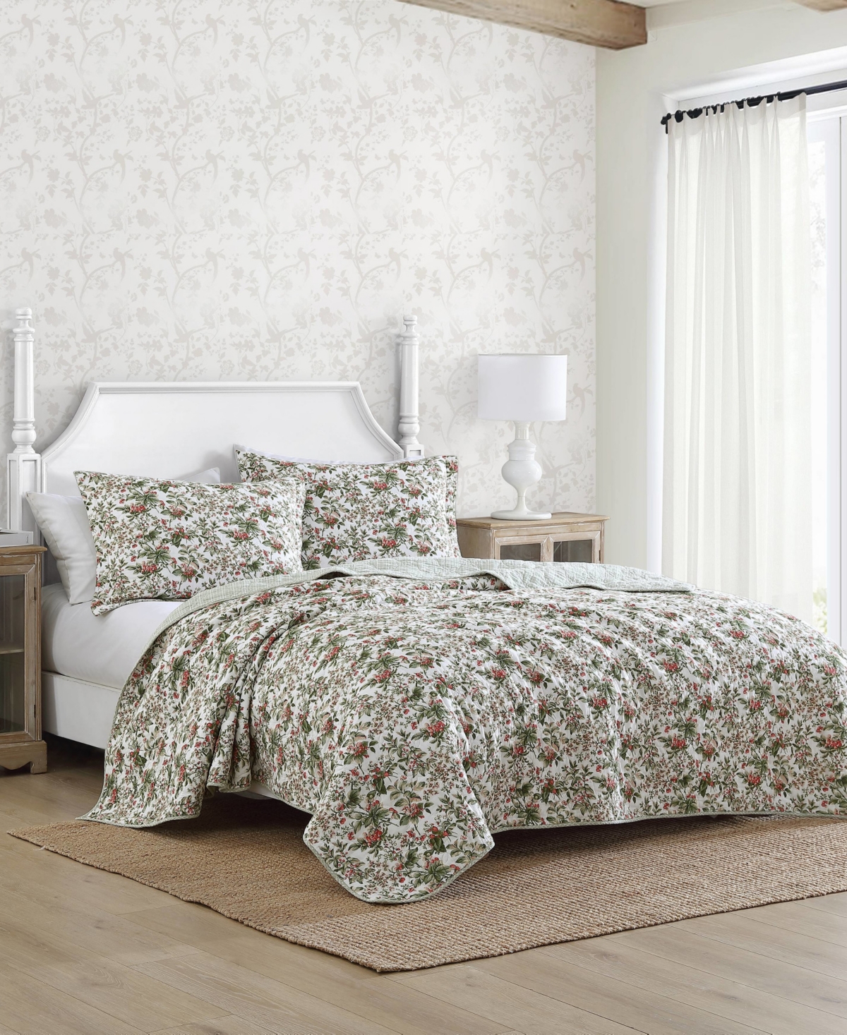 Laura Ashley Bramble Floral Cotton Reversible 3-piece Quilt Set, Full/queen In Green,rose