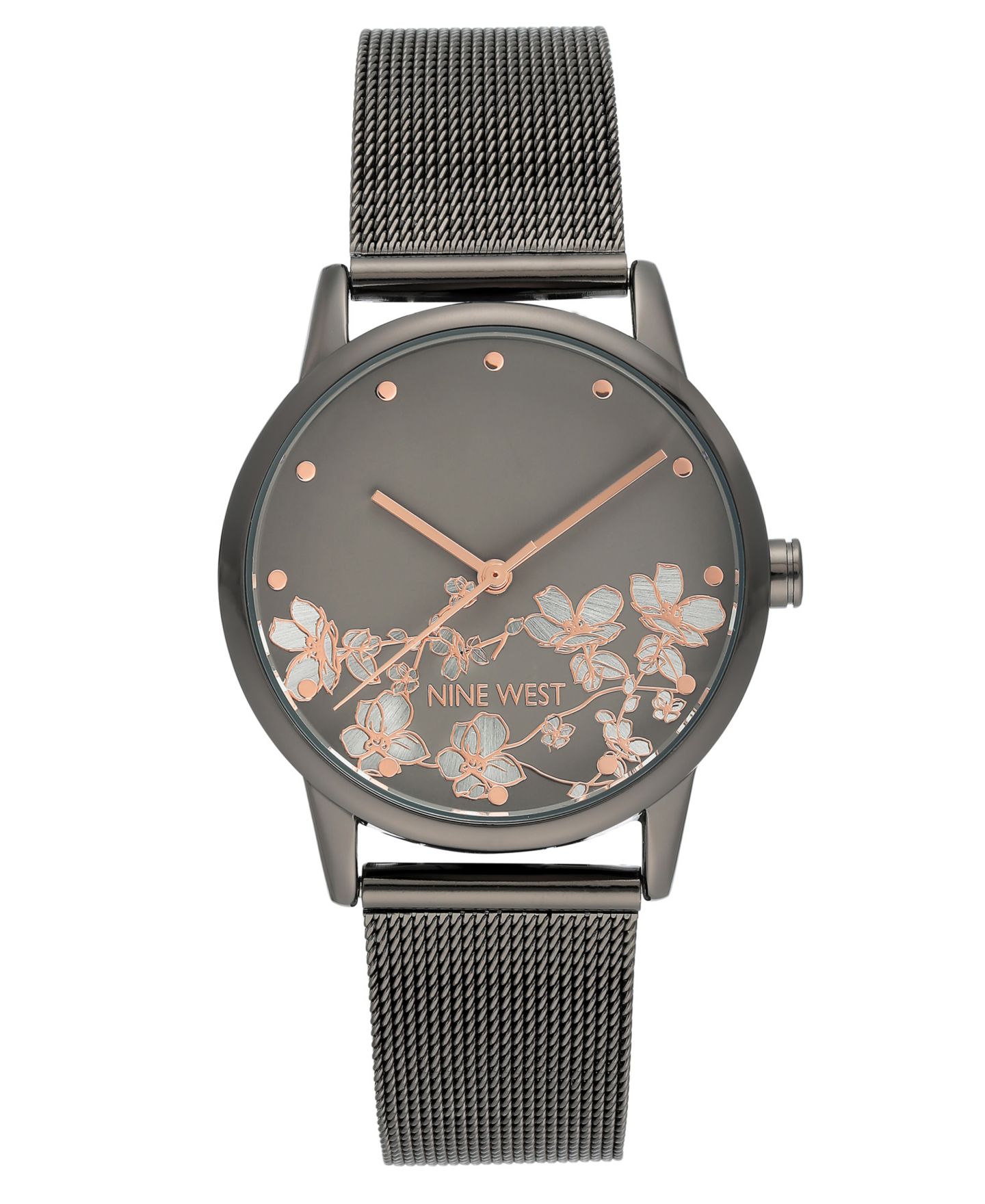 Женские часы Nine West Quartz Dark Gray Stainless Steel Mesh Band and Flower Pattern Watch, 35mm — фото 1