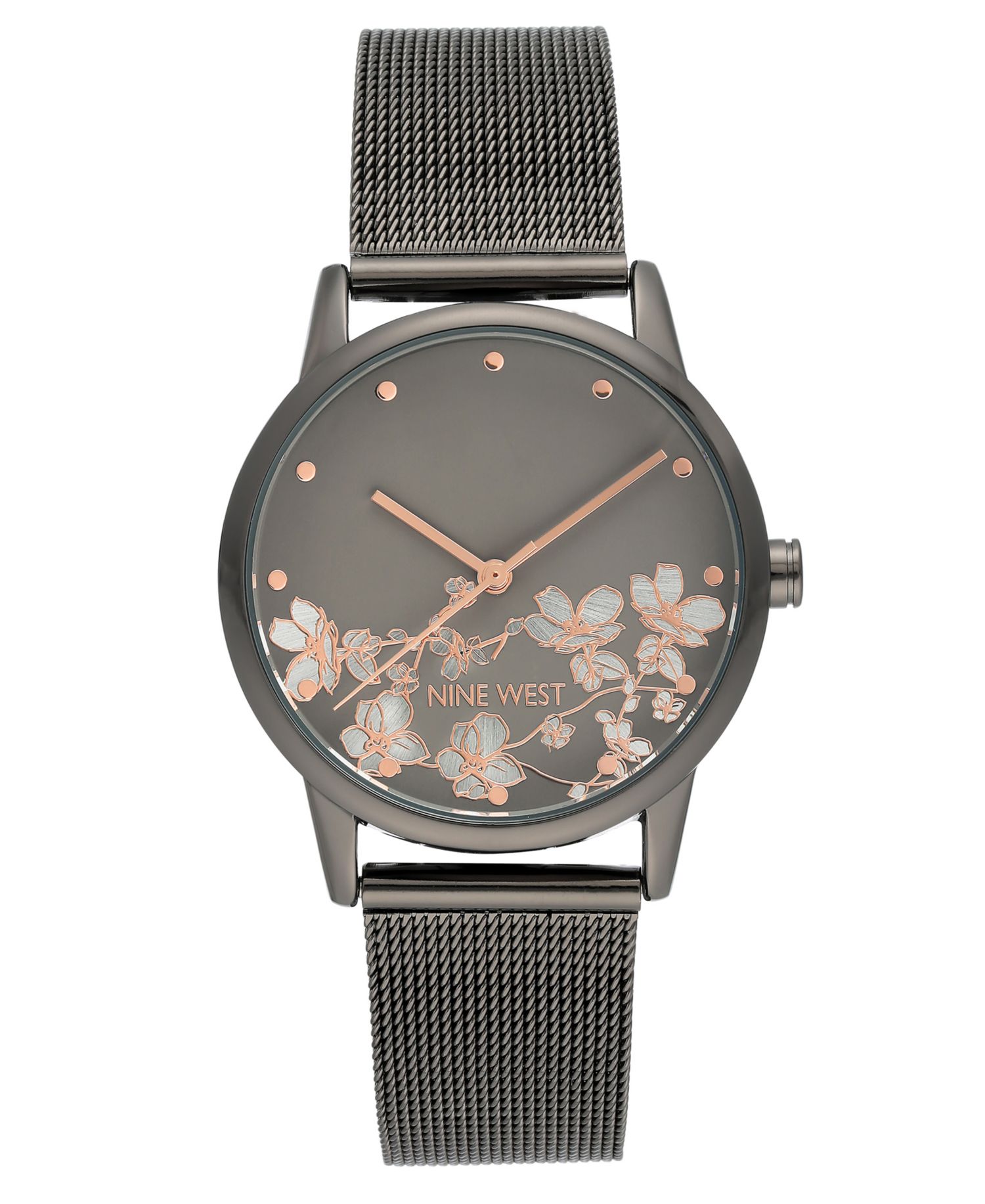 Women's Quartz Dark Gray Stainless Steel Mesh Band and Flower Pattern Watch, 35mm