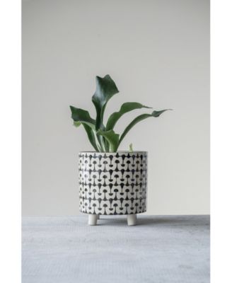 Black White Round Stoneware Footed Planter