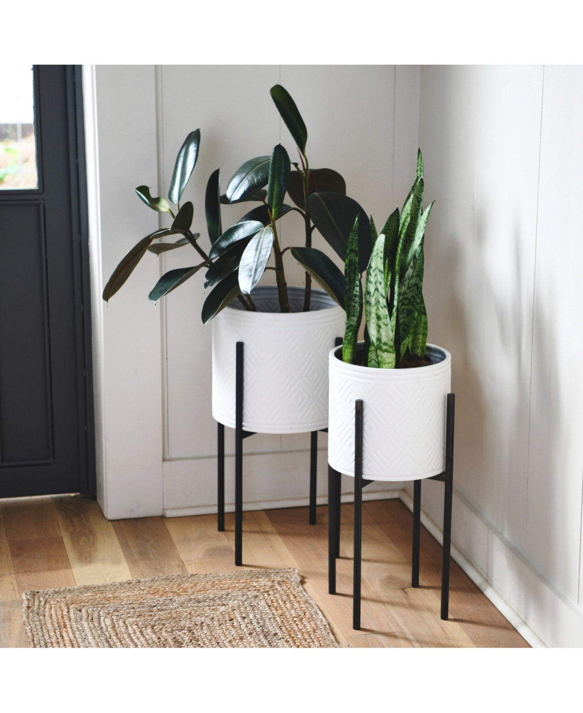 Storied Home Modern Boho Embossed Metal Planters With Stands In White