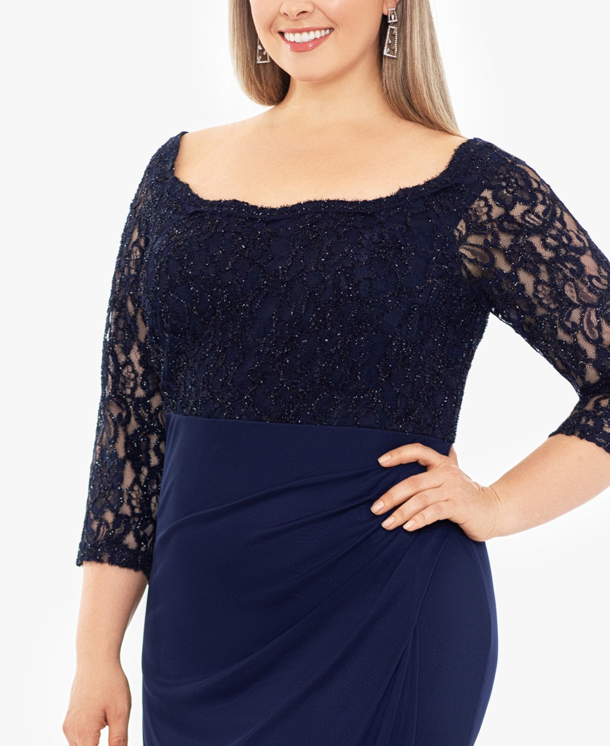Shop Betsy & Adam Plus Size Beaded Lace Scoop-neck Gown In Navy