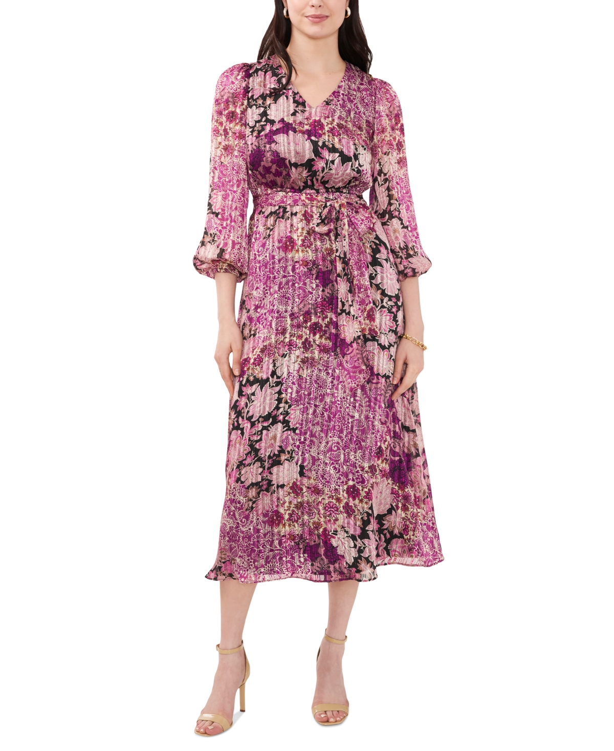 Petite Printed Belted Midi Dress - Purple Multi