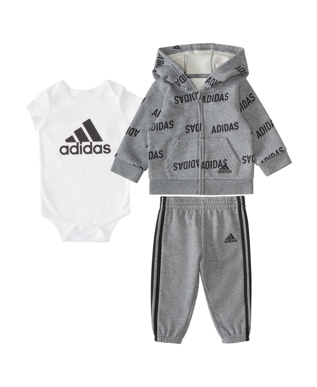 Adidas Originals Baby Boys Fleece Jacket, Bodysuit And Pants, 3 Piece Set In Charcoal Gray Heather