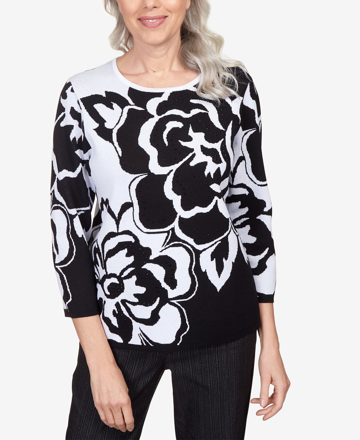 Alfred Dunner Plus Size World Traveler Drama Floral Jacquard Scoop Neck Sweater In Multi