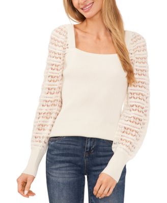 CeCe - Women's Square-Neck Crochet-Sleeve Sweater