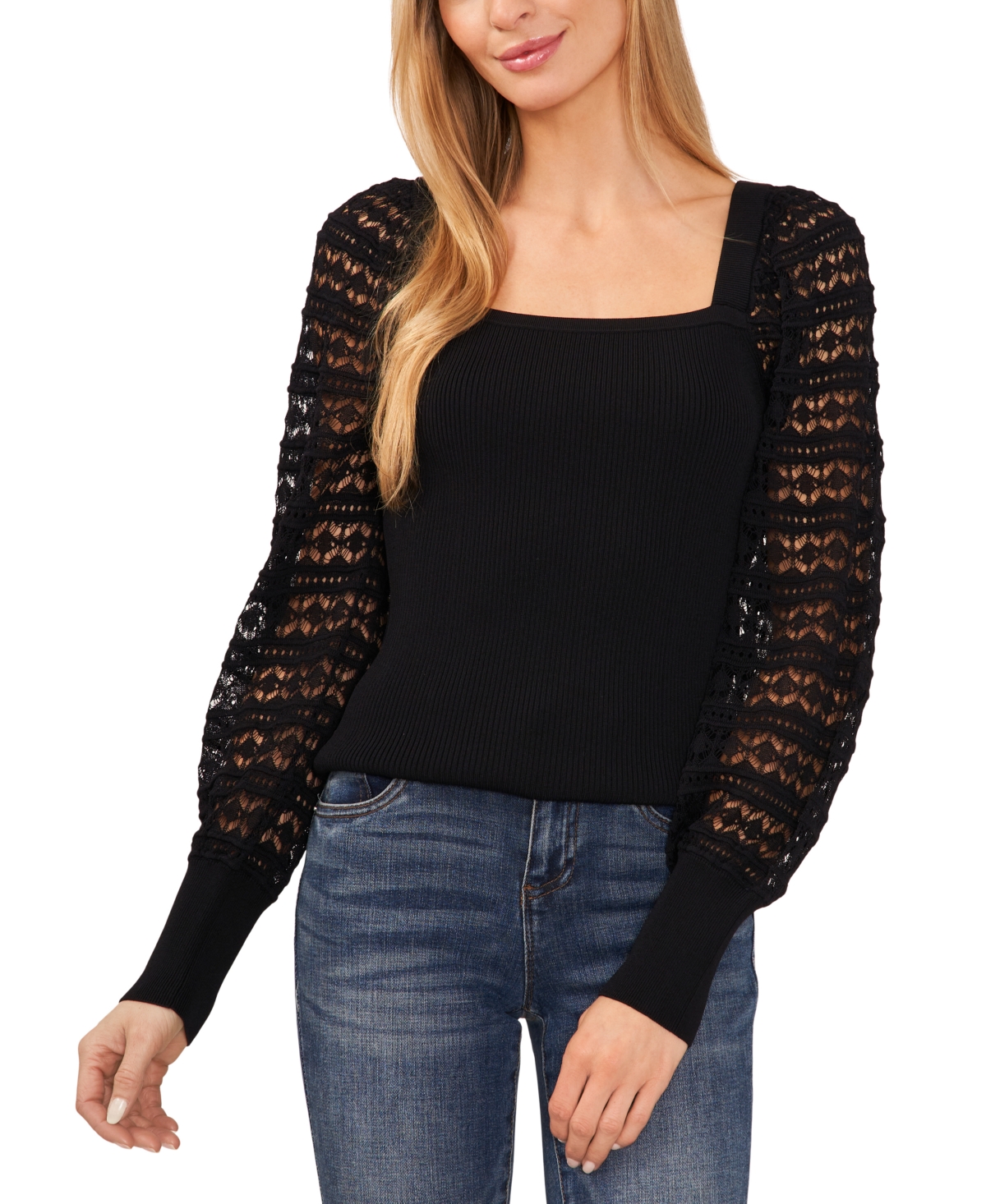 Cece Women's Square Neck Sheer Crochet Sleeve Sweater In Rich Black