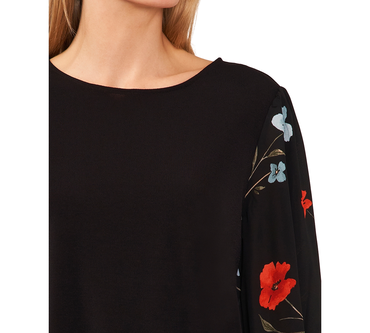 CeCe Women's 3/4-Sleeve Mixed Media Floral Sleeve Top