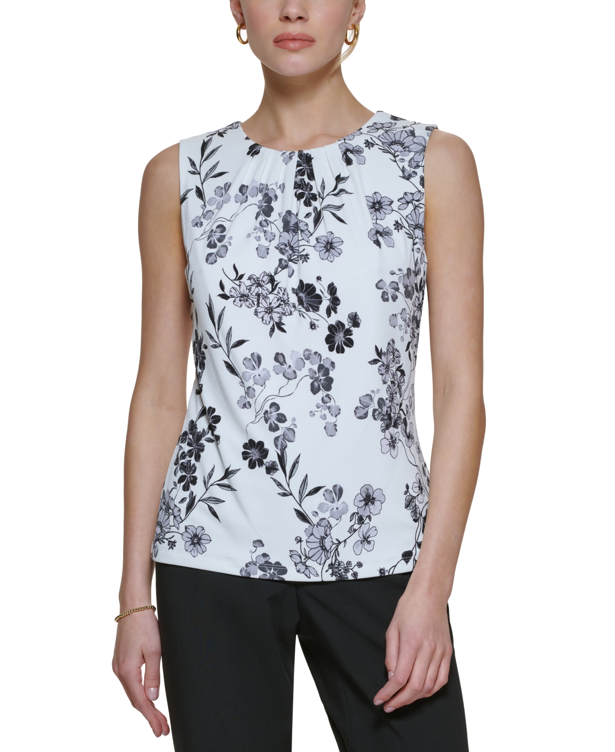 CALVIN KLEIN PRINTED PLEAT-NECK BLOUSE, REGULAR AND PETITE SIZES 